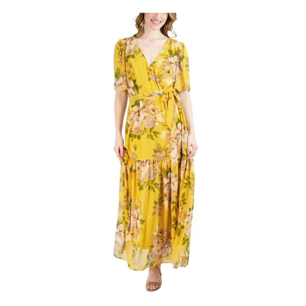 DONNA RICCO NEW YORK Womens Yellow Tie Belt Lined V Back Maxi Dress 6